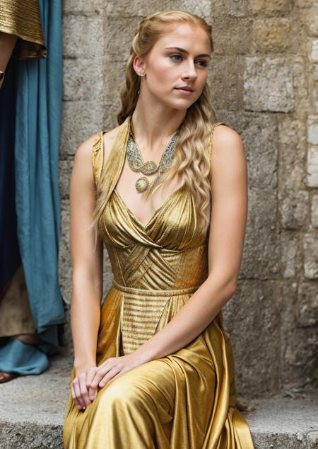 RAW photo, subject, 8k uhd, dslr, high quality, film grain, Fujifilm XT3, professional photo, (detailed skin:1.3), high quality, beautiful women, portrait, <lora:Game_of_Thrones_-_Fashion:0.7> , game of thrones fashion, game of thrones dress, golden dress, outside, blue eyes, sitting, metal details, bare shoulders,