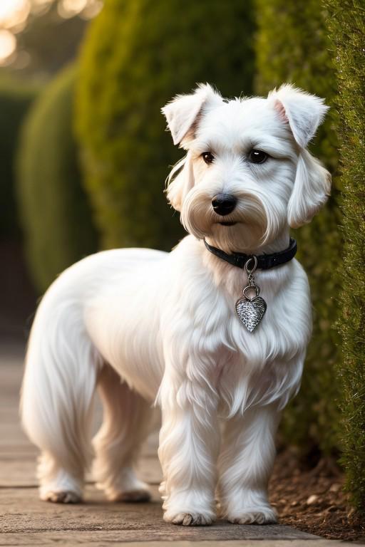 RAW photo, subject, 8k uhd, dslr, soft lighting, high quality, film grain, Fujifilm XT3, Adorable small white dog, a mix between a Maltipoo and Schnauzer, with curly white fur, medium-sized, fluffy coat, slightly wiry texture, bent dog ears, white ears, (small Schnauzer ears), small ears, compact and well-proportioned body, black eyes, standing in a garden, highly detailed fur, realistic lighting, ultra-realistic, 4K resolution, photorealistic fur texture, natural shading,