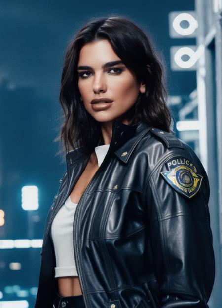 Portrait of dualip as a beautiful female model, georgia fowler, beautiful face, with short dark brown hair, in cyberpunk city at night. She is wearing a leather jacket, black jeans, dramatic lighting, (police badge:1.2)