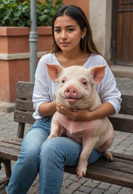 candid photo of a beautiful young mexican woman holding a chubby pig, sitting on a bench, in a square, under natural light
