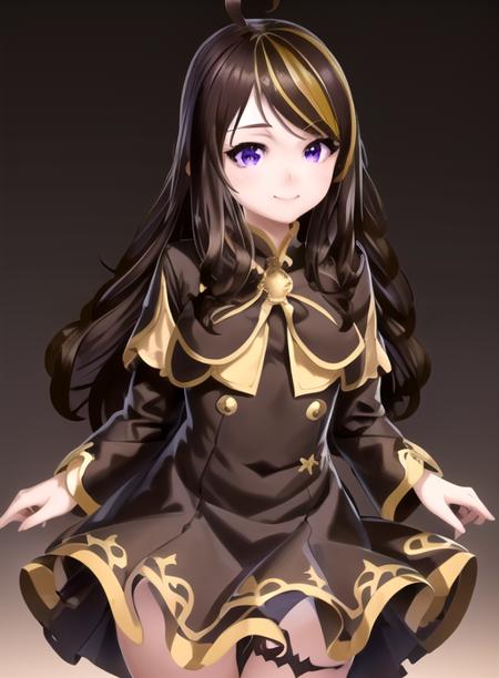 best quality, (masterpiece),(ultra-detailed), (high quality), (high resolution), <lora:kiarafey-10:0.7>,1girl, ahoge, black background, blonde hair, brown hair, closed mouth, kiarafey, long hair, multicolored hair, purple eyes, simple background, smile, solo, streaked hair, swept bangs,sweets,