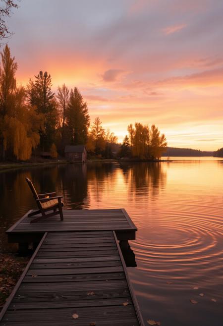 A tranquil lakeside at sunset, where the water reflects the soft hues of orange, pink, and lavender from the sky. A wooden dock stretches out into the still lake, with a cozy chair and a warm, glowing lantern resting beside it. Gentle ripples move across the water, disturbed only by the soft landing of autumn leaves. Surrounding the lake are tall, golden trees swaying slightly in a cool breeze, and the distant sound of birds settling for the evening. The scene is bathed in a calming, golden light, evoking a sense of peace and relaxation.