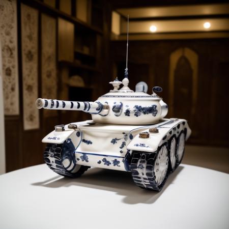 a (bwporcelaincd, porcelain, shiny:1.2) tank, toy model, (solo:1.2), <lora:bwporcelaincd-000015:0.8>, no humans, high quality, masterpiece, realistic, photorealistic, long-focus, (indoors, on table:1.2)