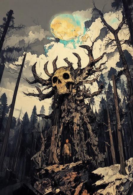 Un créature des bois dans une immense forêt près  des Pyrénées . La forêt est enneigée, le ciel est sombre. La créature évoque un Wendigo avec des bois de cerf géant comme un mégacéros. La tête est un crâne de loup décharné. La créature pourrait sortir du Nécronomicon, elle est terrifiante et maléfique. Le ciel est également plein de maléfismes. Un homme est terrifié devant, il apparait tout petit devant la bête