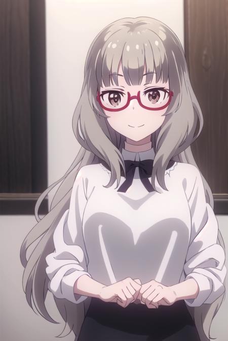 shizukuhazuki, <lora:shizuku hazuki s2-lora-nochekaiser:1>, 
shizuku hazuki, long hair, bangs, (brown eyes:1.5), grey hair, glasses, semi-rimless eyewear, red-framed eyewear, under-rim eyewear, smile,
BREAK skirt, shirt, long sleeves, white shirt, black skirt, fringe trim,
BREAK indoors, office,
BREAK looking at viewer, (cowboy shot:1.5),
BREAK <lyco:GoodHands-beta2:1>, (masterpiece:1.2), best quality, high resolution, unity 8k wallpaper, (illustration:0.8), (beautiful detailed eyes:1.6), extremely detailed face, perfect lighting, extremely detailed CG, (perfect hands, perfect anatomy),