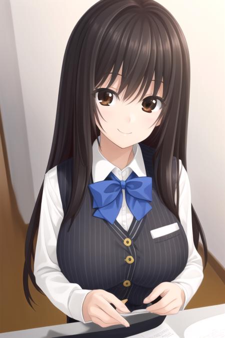 Yakuouji Komachi very long hair,black hair,long hair,floating hair,sidelocks,bangs,brown eyes suit vest,black vest,pinstripe pattern vest,wing collar,collared shirt,white shirt,blue bowtie,long sleeves,large breasts,pencil skirt,black pantyhose,high heels