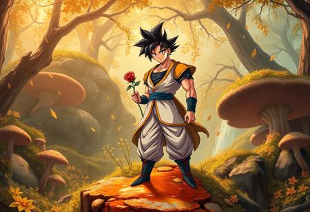 "Create a detailed, goldenn ratio-compliant artwork of two characters from Dragon Ball Super and Quake, posed coolly on an amber pitfall. The characters should be illustrated in a lifelike style with micro details, showcasing one of them holding a rose. The background should feature falling foliage and a fungal environment, with a storybook-inspired aesthetic. The lighting should be dramatic and complementary, with a focus on 8K resolution and global illumination. The artwork should tell a story and be featured on AmiAmi, ArtStation, and Behance, appealing to fans of Eamon Everall, Ilya Kuvshinov, Rossdraws, and Tom Bagshaw."