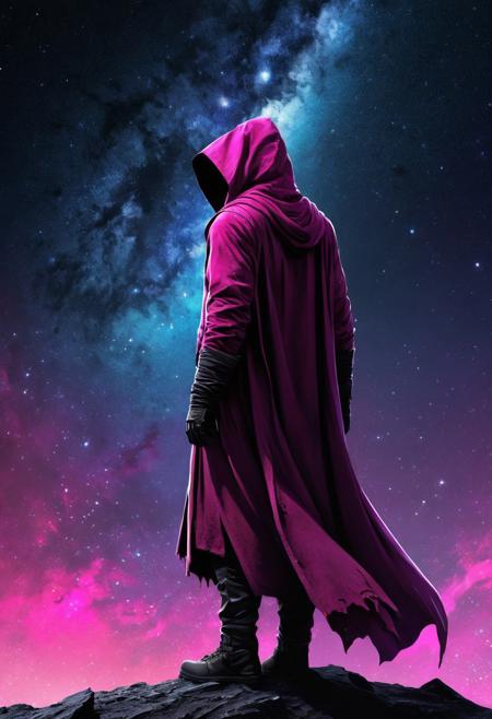 Concept Art, A Lone Figure In Space Clothed  and  Draped In A torn, beat-up, ripped, nearly destroyed, Magenta Hooded Robe, Looking Out on A Galaxy Of Stars And Other Celestial Sights, Sinister