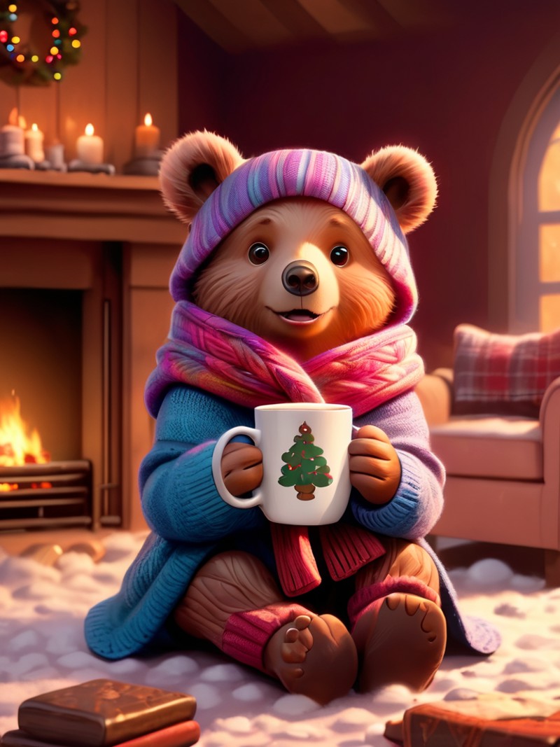 A cute and cozy image of a little bear wrapped in a soft, oversized sweater, sipping on a steaming cup of hot cocoa by a c...