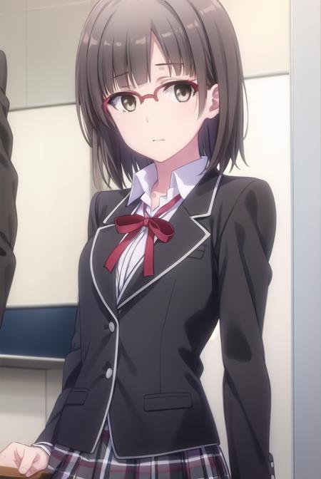 hinaebina, <lora:hina ebina s2-lora-nochekaiser:1>,
hina ebina, short hair, brown hair, black hair, (brown eyes:1.5), glasses,
BREAK skirt, ribbon, school uniform, jacket, black jacket, plaid, plaid skirt, blazer, sobu high school uniform,
BREAK indoors, classroom,
BREAK looking at viewer,
BREAK <lyco:GoodHands-beta2:1>, (masterpiece:1.2), best quality, high resolution, unity 8k wallpaper, (illustration:0.8), (beautiful detailed eyes:1.6), extremely detailed face, perfect lighting, extremely detailed CG, (perfect hands, perfect anatomy),