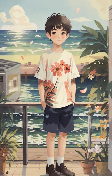 1boy, solo,  shirt, smile, ocean,  flowers, 
<lora:chahua_V1_bianping09HF:1>