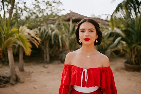 <lora:Angela_Aguilar:0.8>, Raw photo of Angela Aguilar wearing a red off-shoulder dress, red lipstick, outdoors, traditional outfit, black bob hairstyle, in a Mexican Hacienda during the 1800's, sharp focus on subject, serious expression, Shot with a Nikon F3 and a 35mm f/2 lens, using Kodak Portra 400 film stock