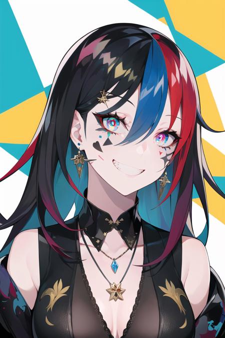 (masterpiece, best quality:1.2), <lora:style_ramdayo-20:1>, upper body, solo, 1girl, facial mark, grin, looking at viewer, multicolored hair, blue hair, red hair, green hair, hair ornament, multicolored eyes, glowing eyes, bright pupils, jewelry, pendant, earrings