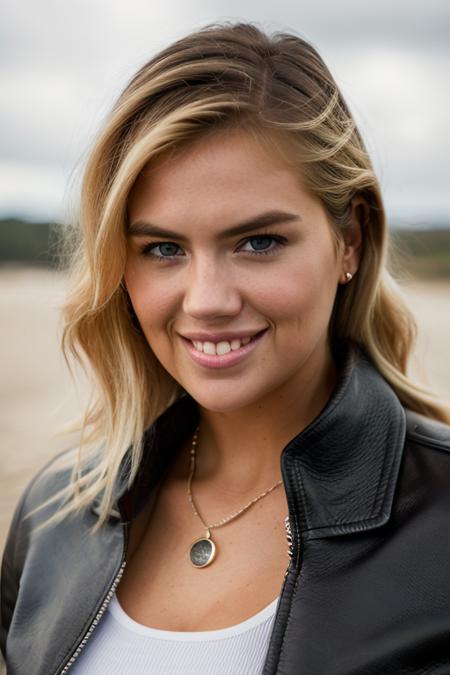 <lora:k4t3upt0n:1>, Realistic photo of a beautiful k4t3upt0n woman, 1girl, solo, long hair, looking at viewer, smile, blue eyes, (((blonde hair))), jewelry, jacket, upper body, teeth, necklace, grin, lips, realistic, leather, leather jacket, realistic, soft lighting, professional Photography, Photorealistic, detailed, RAW, analog, sharp focus, 8k, HD, DSLR, high quality, Fujifilm XT3, film grain, award winning, masterpiece