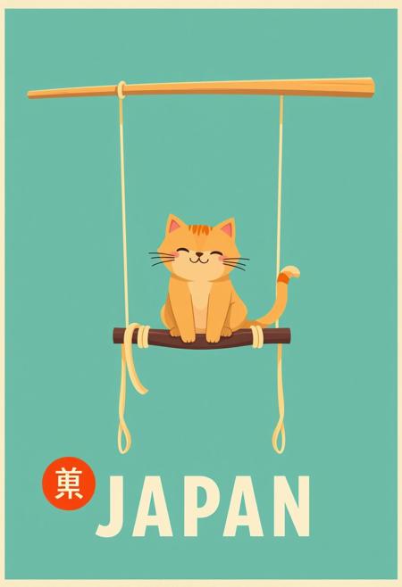 Create a vintage-style poster with a minimalistic design. The main focus should be a playful, cartoonish cat with a cute and content expression, sitting comfortably on a swing made from long, looping noodles. The noodles hang from a pair of large, wooden chopsticks that are suspended horizontally near the top of the image. The cat's fur should be a warm, soft color that contrasts nicely with its surroundings. The background is a vibrant teal green, creating a calming and retro vibe. At the bottom of the poster, include the word 'JAPAN' in bold, stylized letters, with the Japanese characters '日本' placed within a small, red-orange circle on the left side of the text. The overall aesthetic should blend a sense of whimsy and Japanese cultural elements, using soft gradients and textures to give the poster a nostalgic feel.