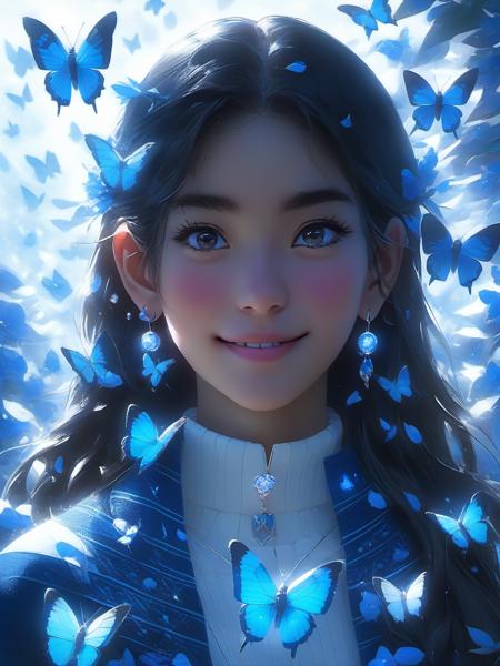 BJ_Teenage_Fantasy, 1girl, solo, long_hair, looking_at_viewer, smile, black_hair, brown_eyes, jewelry, jacket, upper_body, earrings, black_eyes, sweater, dark-skinned_female, lips, turtleneck, bug, butterfly, nose, white_sweater, blue_butterfly,
Anime,8k,intricate,highly detailed,(masterpiece, sidelighting, finely detailed beautiful eyes:1.2),hdr,realistic,high definition,
<lora:Teenage_Fantasy_SDTX_test1:0.7>,