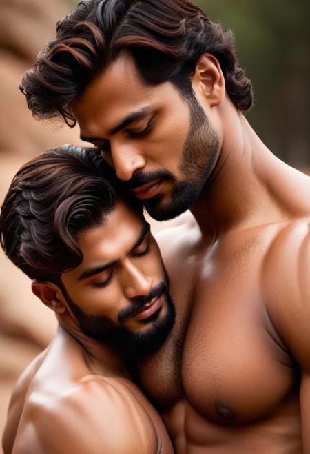 Two Indian men in an intimate embrace, their bodies intertwined in a passionate display of affection. The scene is bathed in warm, soft light that casts a glow over their tan skin, emphasizing the muscles and curves of their bodies. The man on the left has long, wavy auburn hair that falls across his shoulder and onto the other man's chest, while the man on the right has short, dark curls that frame his face. Their eyes are closed, lips parted, and expressions serene as they lose themselves in the moment. The man on the left has a slender build with defined abs and a hint of a trail of hair leading down to his groin. The man on the right is slightly taller and more muscular, his arms wrapped tightly around his partner. The background is blurred, adding to the sense of intimacy and focus on the tender embrace between the two gay men.