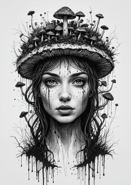 VibrantlySharp style,
animeniji,
3pic_vist4, An eldritch girl crowned in toadstools, her face half-submerged in ink, with clusters of toxic red mushrooms emerging like tumors, each stalk veined and pulsing, her expression solemn, eyes wide and ancient, lost in the fog of a fungal dream, dripping spores blurring the edges of her fading humanity.
  <lora:Mushroom_Portrait_Flux_v1:1> boshroomworld <lora:SketchStyle:1> Jedsk5tch, sketch, black and white  <lora:DarkAnimeArt_V1:1> dark line art