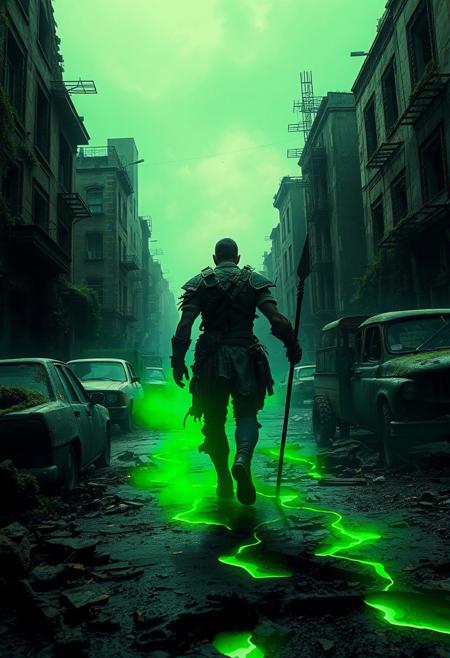 In the ruins of a shattered city, a lone survivor trudges through the desolate streets, surrounded by rusted vehicles and crumbling buildings. Vines and moss crawl over the decaying concrete, but all is eerily still. The sky above is a sickly green, casting an unnatural light over the scene. The survivor, dressed in tattered, scavenged armor, walks with determination, their silhouette sharply defined by the glowing green mist that swirls around their feet, trailing like toxic smoke. Dust and debris float lazily in the air, caught in faint beams of pale sunlight filtering through broken windows. In the survivor’s hand, a makeshift spear reflects a dull gleam, leading the eye towards them as the central focal point of the scene. The world around seems forgotten, but the figure presses forward, their path illuminated by the eerie glow emanating from cracks in the ground beneath their feet.