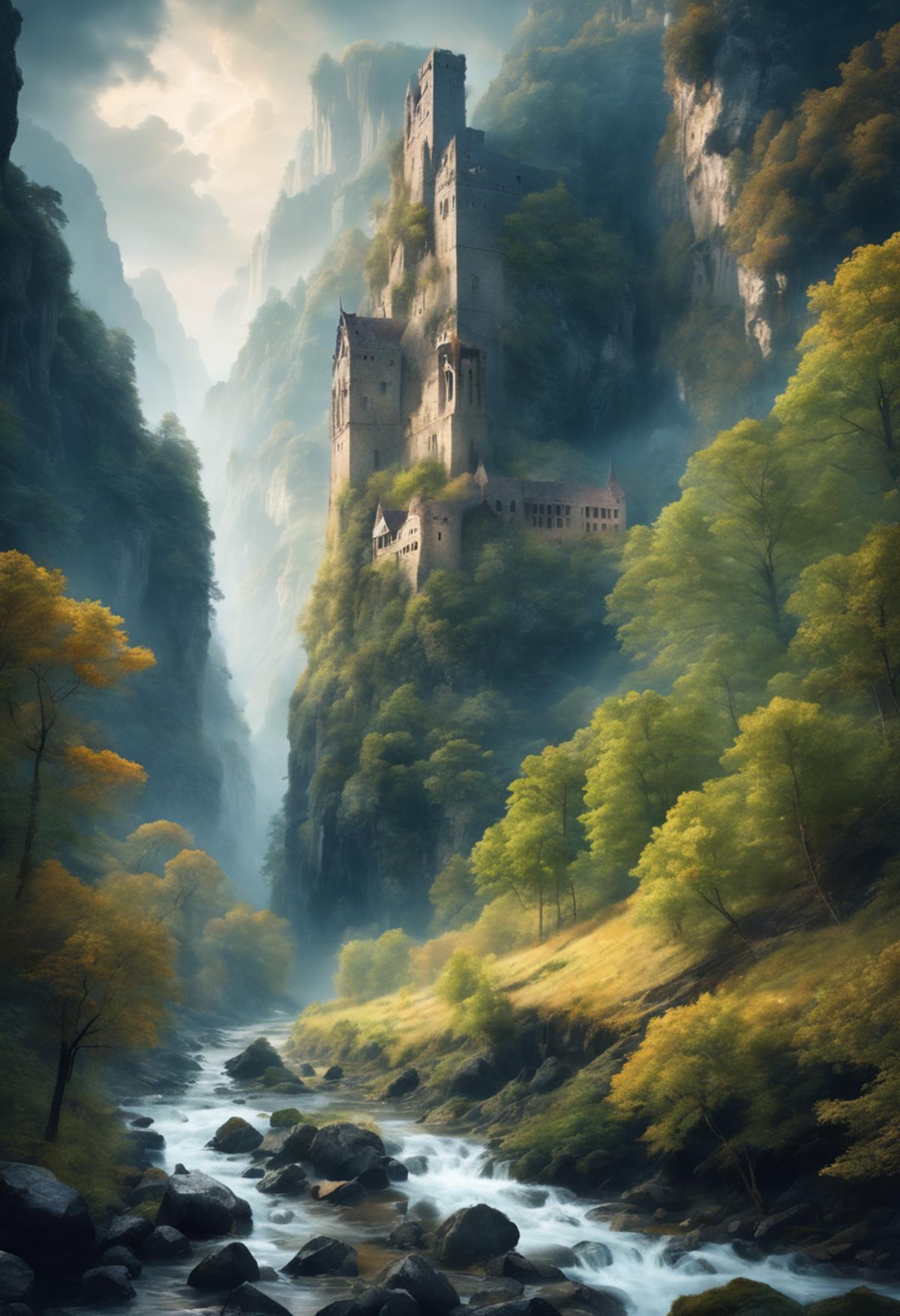 Ancient castle hidden in a misty valley with a waterfall.