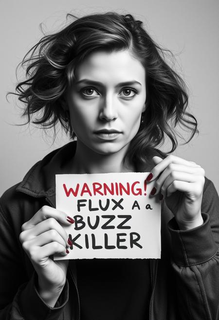 woman holding paper "Warning! Flux is a Buzz killer", sad destroy