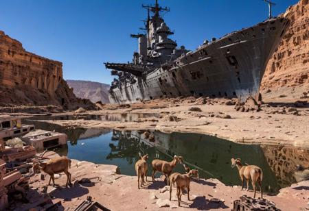 high detail, high quality, masterpiece, reflections, high detailed textures,
elephants, bighorn sheep, foxes, and owls drinking at an oasis in the desert by a (rusted Shipwreck of a large battleship:1.4) run aground in a desert near a large cliff.  ruined buildings up on the cliff. mutant