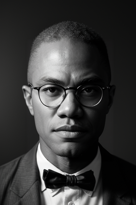 MalcolmX, ((40 years old)), photography by (Rodney Smith:1.3), analog, film grain, grit, Leica M3, Kodak Tri-X 400, 35mm, f/2, 1/500, ((head and shoulders closeup)), (black browline eyeglasses, buttoned black suit jacket, shirt, skinny black tie, black background:1.3)), (scruffy facial hair, textured skin, realistic skin, bokeh:1.3), serious look, touching temple, touching chin, Technicolor, studio lighting, high-contrast, grainy texture, dynamic composition