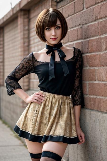 crossdresser otoko no ko, yellow eyes, short hair, 1boy, dress, detached sleeves, :3, happy, brown hair, bow, choker, ribbon, bangs, brown eyes, skirt, thighhighs, ample soft thighs, masterpiece, best quality, ultra detailed, hyper detailed, intricately detailed, 4k resolution, sharp image, nsfw