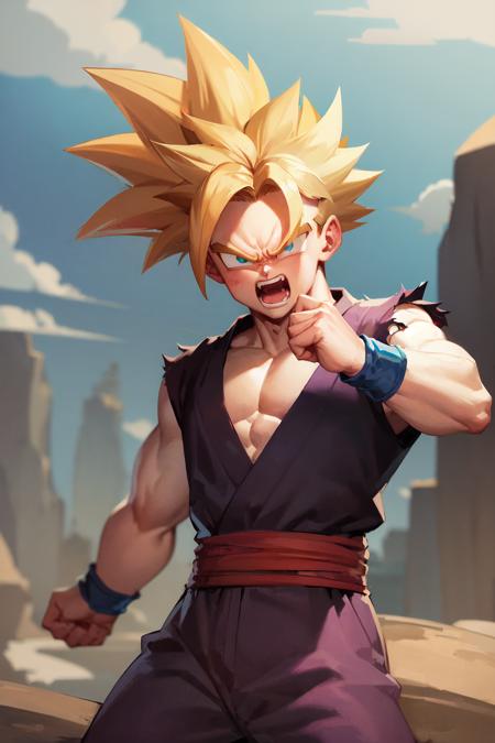 (masterpiece:1.3), best quality, ultra-detailed, <lora:db_gohan-10:0.8>, solo, male focus, 1boy, son gohan, super saiyan, (aura, angry, screaming, open mouth:1.1), looking at viewer, (fighting stance:1.2), blonde hair, blue eyes, (torn clothes:0.8), dougi, canyon