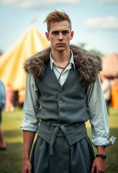An androgynous man at a renaissance fair wearing a grey canvas kilt, wide-collared shirt, and a spotted grey vest. fur across his shoulders