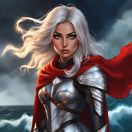 A portrait of a valiant female artgerm style  <lora:artgerm_style-000005:0.75> knight, her armor a tapestry of celestial events, galaxies swirling across steel. She stands on the edge of a cliff, a fierce and gentle majesty about her. Her crimson cape billows in the storm, a vivid contrast to the raging sea below, while her eyes, sharp and piercing, seem to hold the wisdom of the ages. The lightning forges an otherworldly halo in her flowing silver hair (hyperdetailed:1.15), her sword reflecting the tempest's fury (highest detailed, dynamic angle)