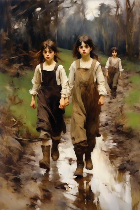 <lora:William McTaggart Style:1>William McTaggart Style - Expressive, John Singer Sargent style. A 4 foot tall, dark-brown-haired girl wearing a dirty pinafore and muddy boots walking away, accompanied by a taller farmboy wearing dirty farm pants and rolled up long sleeves walking while pointing up looking worried. Setting: Dark forest.