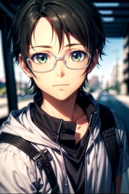 masterpiece, best quality, photorealistic, 1boy, solo, male focus, looking at viewer, , depth of field, <lora:kengo_suguri:0.76>, kengo_suguri, black hair, green eyes, , , biopunk, 4k resolution