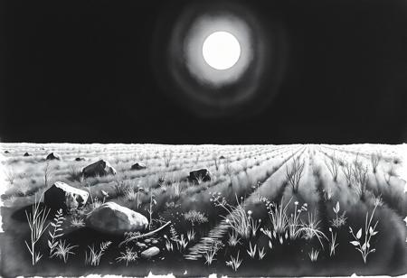 a dark and gloomy landscape of the desolate field in the summer day. despite the middle of the day and the bright sun the whole landscape is haunting with emptiness. the picture is painted only in black and white watercolours. The background is black. 
there are some stones in the fields, wild plants, weed, etc.
the field is the remnant of a crop in the village