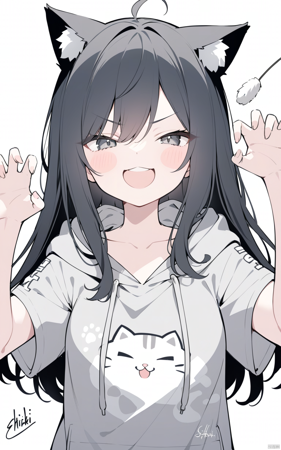 1girl, best quality, short sleeves, hands up, white background, upper body, looking at viewer, v-shaped eyebrows, signatur...