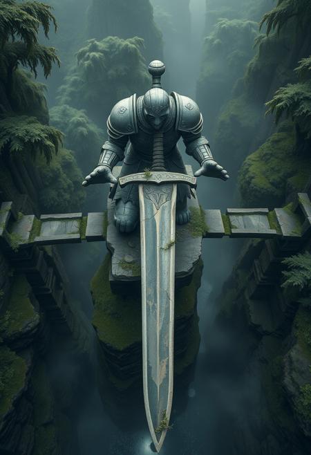 Here’s the revised prompt emphasizing the knight offering the sword like a tray, with hands beneath it:
"A mesmerizing mystical landscape viewed from a bird’s-eye perspective, featuring a colossal stone knight as the central figure. The knight is in a kneeling position atop a moss-covered rocky pedestal, holding a massive sword horizontally in both hands as if offering it like a tray. His stone hands are positioned palms-up beneath the sword, supporting its weight. The sword, ancient and weathered, forms a bridge spanning a deep chasm, its surface cracked and adorned with creeping moss and vines. The knight’s figure, carved from weathered stone, is covered with intricate carvings and patterns, now faded by time, and further adorned with patches of moss and small plants growing from its crevices.
Behind the bridge lies an enchanting, otherworldly forest, dense with towering trees and thick foliage. The forest is shrouded in a soft, glowing mist, with faint bioluminescent lights emanating from the vegetation, casting an ethereal glow. Rays of cinematic light break through the mist, illuminating the knight, the sword bridge, and the surrounding area with a surreal, golden-green hue. Every detail is rendered with maximum precision, from the textures of the knight’s cracked stone surface to the vibrant, mystical forest. The atmosphere is one of reverence, ancient mystery, and awe-inspiring beauty."