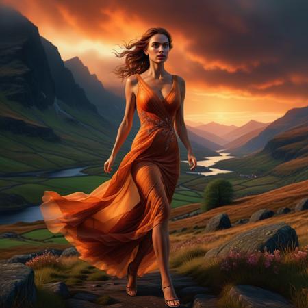 Ultra realistic color pencil  image a beautiful woman running through the Scottish highlands in a very long flowing cocktail dress, in the sunset,
BREAK
Deep dark intense dark organge misty background, Dark theme, dynamic lighting, (soft shadows), (soft focus), (photo realistic), uhd, 8k