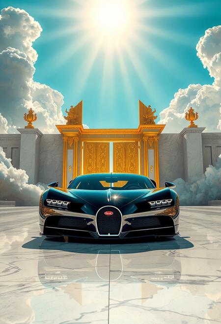 A hyper-realistic ultra luxury car (e.g., Bugatti La Voiture Noire or Rolls-Royce Sweptail) parked on polished white marble road, in front of massive golden gates of heaven, gates glowing with divine light, surrounded by soft white clouds, bright blue sky above, highly detailed reflections, god rays, cinematic lighting, 8K, ultra realistic