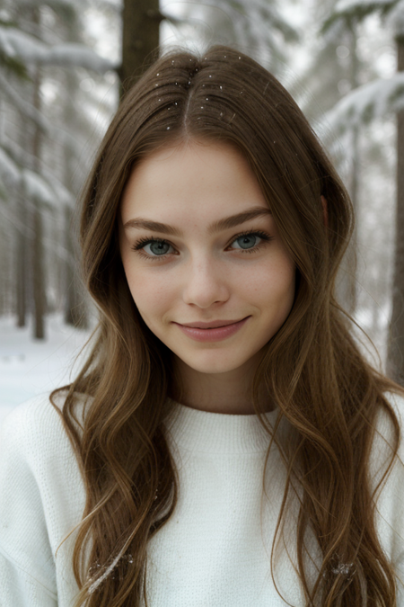 KristineFroseth, Norway, Norwegian winter, outdoors, forest background, ((blizzard, snow, snowstorm:1.2)), heavy winter coat, loose light blonde hair, head tilt, pose, in love, ((masterpiece, best quality, extremely detailed, perfect face, perfect body:1.2)), smile:1.2, (closeup on upper body:1.3), (slim, fit:1.3), <lora:nighttime_v1:0.9>