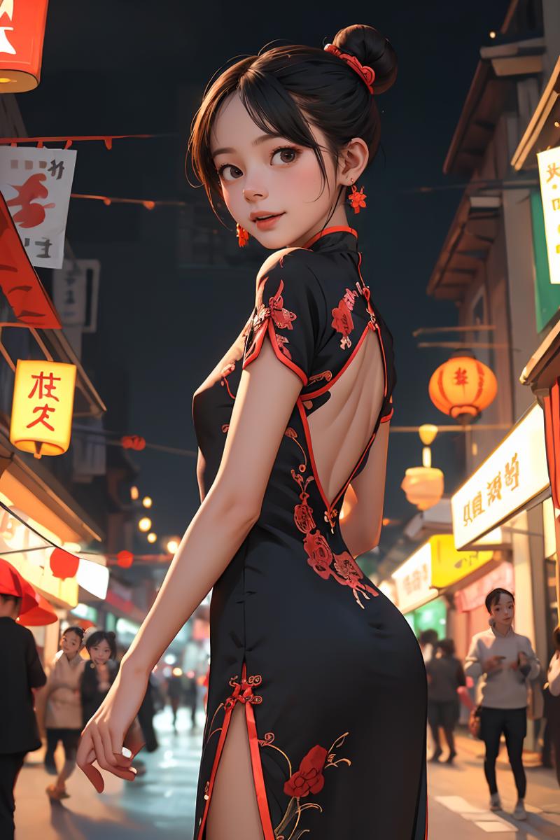 A woman wearing a black dress with red flowers standing in a crowded street.