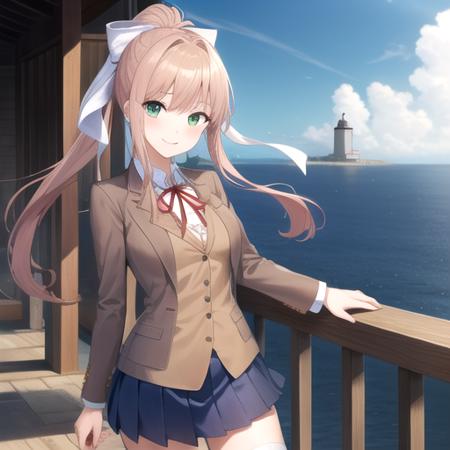 ((masterpiece)),(best quality),official art,extremely detailed CG,unity 8k wallpaper,ultra detailed,A lighthouse on a cliff by the sea,1girl,solo,cowboy shot,monika (doki doki literature club),green eyes,very long hair,black thighhighs,brown hair,blue skirt,smile,school uniform,ponytail,pleated skirt,looking at viewer,brown jacket,long sleeves,white ribbon,hair ribbon,bangs,uwabaki,white footwear,neck ribbon,white shirt,sidelocks,medium breasts,red ribbon,zettai ryouiki,hair bow,white bow,<lora:Monika(ddlc)>,