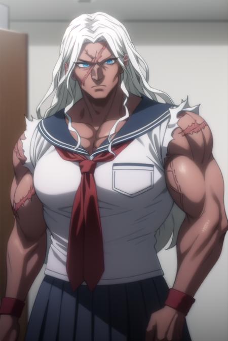 sakuraoogami, <lora:sakura oogami s1-lora-nochekaiser:1>,
sakura oogami, long hair, white hair, dark skin, dark-skinned female, muscular, scar, muscular female,
BREAK shirt, school uniform, serafuku, sailor collar, bandages, blue sailor collar, bandaged arm,
BREAK indoors, classroom,
BREAK looking at viewer, (cowboy shot:1.5),
BREAK <lyco:GoodHands-beta2:1>, (masterpiece:1.2), best quality, high resolution, unity 8k wallpaper, (illustration:0.8), (beautiful detailed eyes:1.6), extremely detailed face, perfect lighting, extremely detailed CG, (perfect hands, perfect anatomy),