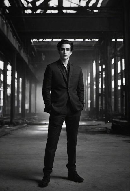 tyson_dayley <lora:tyson_dayley-08:0.75> , urban gritty location, posing in an industrial setting with steel beams,  Timothy tchalamet, natural lighting, dramatic directional lighting, bold confident mood, black and white Peter Lindbergh photography