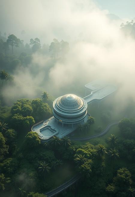 aerial view, a futuristic research complex in a bright foggy jungle, hard lighting