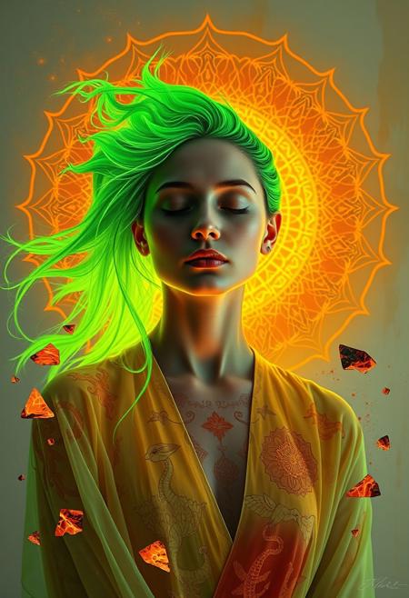 A surreal portrait of a woman partially dissolving into layered visual glyphs—her face calm, eyes closed, lips parted—while her hair unravels into glowing strands of neon green that merge with an abstract background. Behind her, a luminous orange mandala spins slowly, formed of symmetrical flora, animal motifs, and stylized waveforms. Her robe is translucent, painted in a collage of mythic shapes: serpents, birds, and organic textures that ripple across her skin like moving tattoos. Around her float fragments of broken stained glass, their edges glowing with orange fire, casting colored shadows across her body. The environment behind her shifts in layered gradients—veils of light, pattern, and calligraphic dust—hinting at a cosmic terrain. The portrait is both sacred and psychological, an illuminated psyche rendered in symbolic language, where neon green and orange are the very pulse of identity and vision.