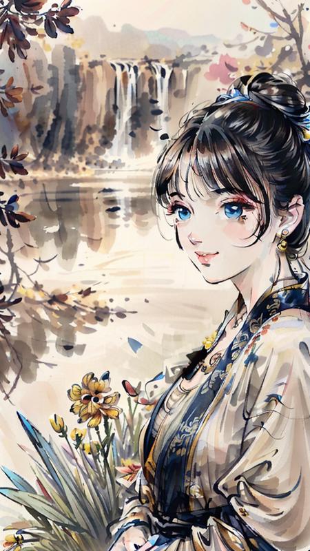 traditional chinese ink painting<lora:Moxin_10:0.7>,flower,butterfly, grass,dawn,near the lake,waterfall, trees,
shukezouma<lora:Shukezouma-1.1:0.3>,Nova,1girl.solo,wearing hanfu, more cloth,breasts,sexy attire, perfect body, jewelry and necklace,[((correct fingers,beautiful hands))], earrings,happy, grin, (blush|cute and playful|adorable|skinny|thick bangs|beauty|twintail|short hair|hair bun,),
[(full body,from everywhere,from below)],
(ultra high res,photorealistic,realistic,best quality,photo-realistic), (high detailed skin,visible pores),(real person,photograph),realistic,, (8k, raw photo, best quality, masterpiece),photon mapping, radiosity, physically-based rendering,automatic white balance,watery eyes, (looking at viewer),(irises and pupils are rounded,the pupil reflects the surroundings,eyes are not the same size),