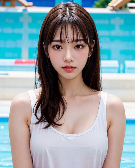 best quality, RAW, detailed, photorealistic, 8k, high res, 1girl, woman, (portrait:0.6), gorgeous, ((poolsidebackground:2.5)), ((white sleeveless tshirt:2, smallsize round breast:1.5)),  (head straight-looking at viewer:2.2), (1girl eyes looking at viewer, short-length straighthair,  blackhair, bangs:1.65), photorealistic, (bokeh), (closed mouth:1.3), gorgeous, pureerosface_v1,  <lora:AVID-saika:0.47> <lora:GRAV-:0.7>