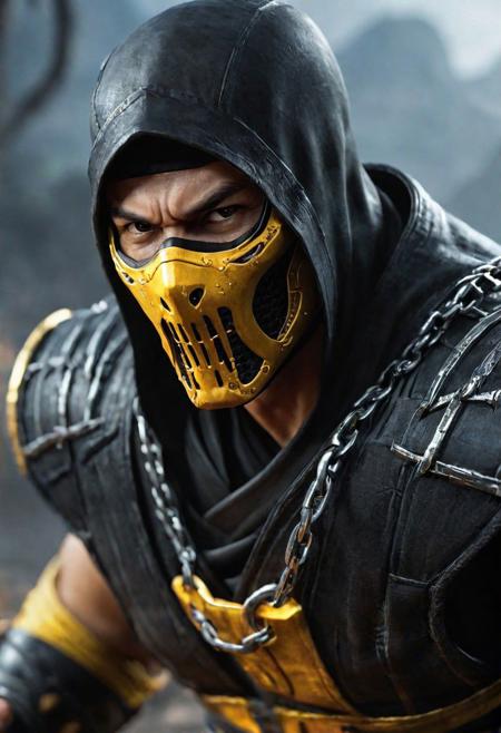 Intense close-up: A man embodying the iconic Scorpion from Mortal Kombat, wielding a chain with an imposing presence. Drawing inspiration from Mortal Kombat 11, this 4K digital artwork, currently trending on ArtStation, showcases the character's detailed design. The influence of Unreal 5 adds a dynamic touch to the menacing atmosphere. Paying homage to Goro and incorporating a ronin theme, this portrayal captures the essence of Mortal Kombat's distinctive style within the trending realms of ArtStation.