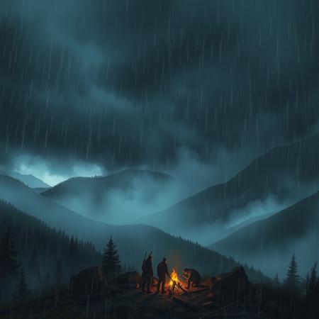 midnight storm, heavy rain, mist, mountains, rivers and forests, a distant view of a group of adventurers huddle near a small fire