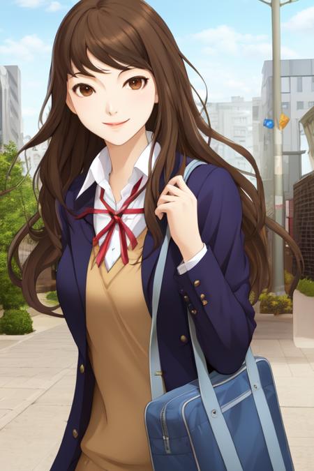 best quality, masterpiece, <lora:SMTDoiStyle:0.7>SMTDoiStyle, 1girl, brown hair, brown eyes, school uniform, long hair, bag, jacket, school bag, blazer, oversmile, lips, upper body